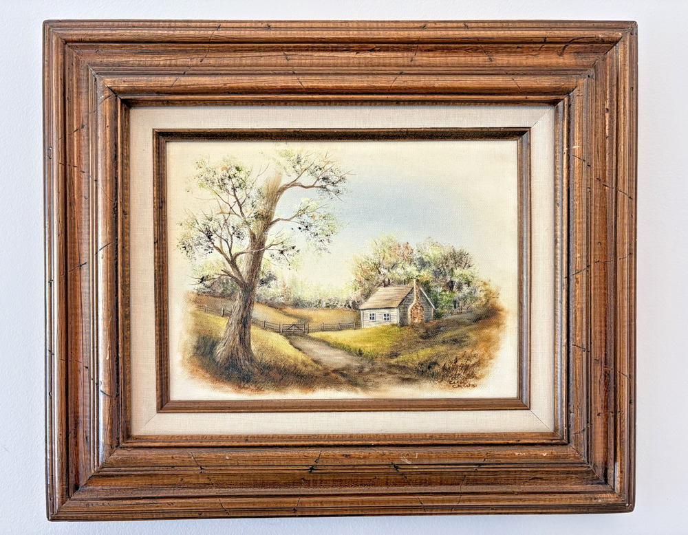 Carol Chirafisi Signed Original Oil Painting Landscape Cottage Cabin Woods Frame